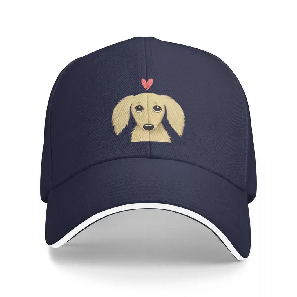 Longhaired Cream Dachshund Cartoon Dog with Heart Baseball Cap Sun Cap cute Beach Outing Unisexs Caps WoUnisexs