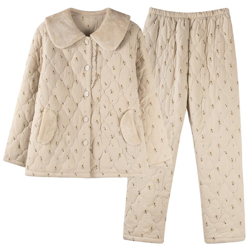 Pajamas Women'S Winter Three-Layer Thickened Fleece Woven Padded Cotton Women'S Autumn And Winter Coral Fleece Winter Padded Jacket Loungewear