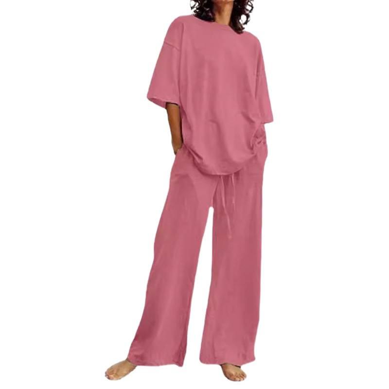 Women's 2-piece Summer Temshiyin Casual Belt Pocket Half-sleeved Top and Wide-leg Pants Set for Women