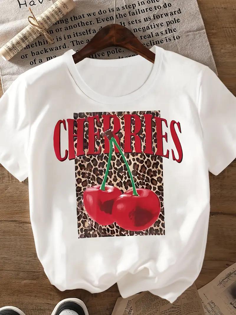 

Женский топ с коротким рукавом и круглым вырезом с принтом вишни L