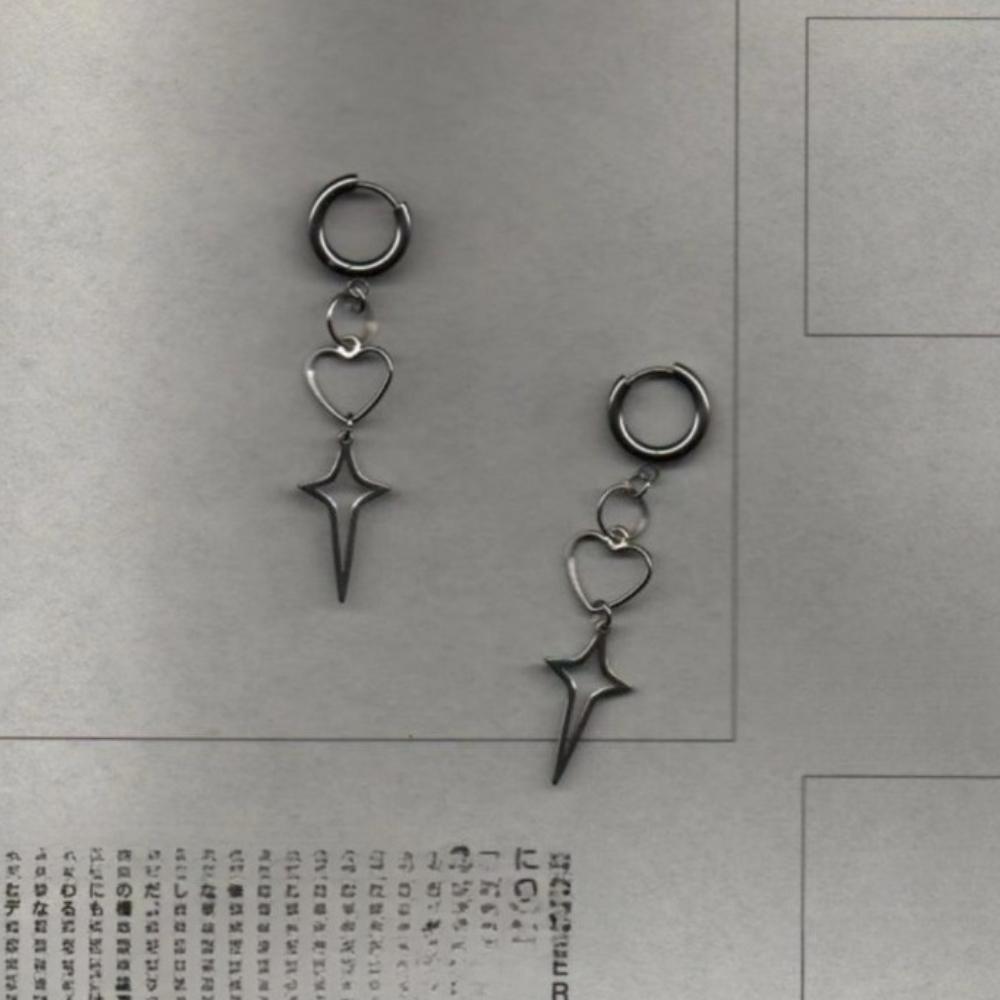 Trendy Punk Sliver Color Hollowed-out Heart-shaped Stars Pendant Dangle Earrings for Women Men Personality Hoop Earrings Jewelry