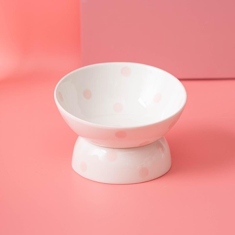 Ceramic Tall Footed Drinking Water Bowls, Anti Overturning Oblique Mouth, Neck Protection, Round Dot Cat Bowl, Pet Articles, 1Pc
