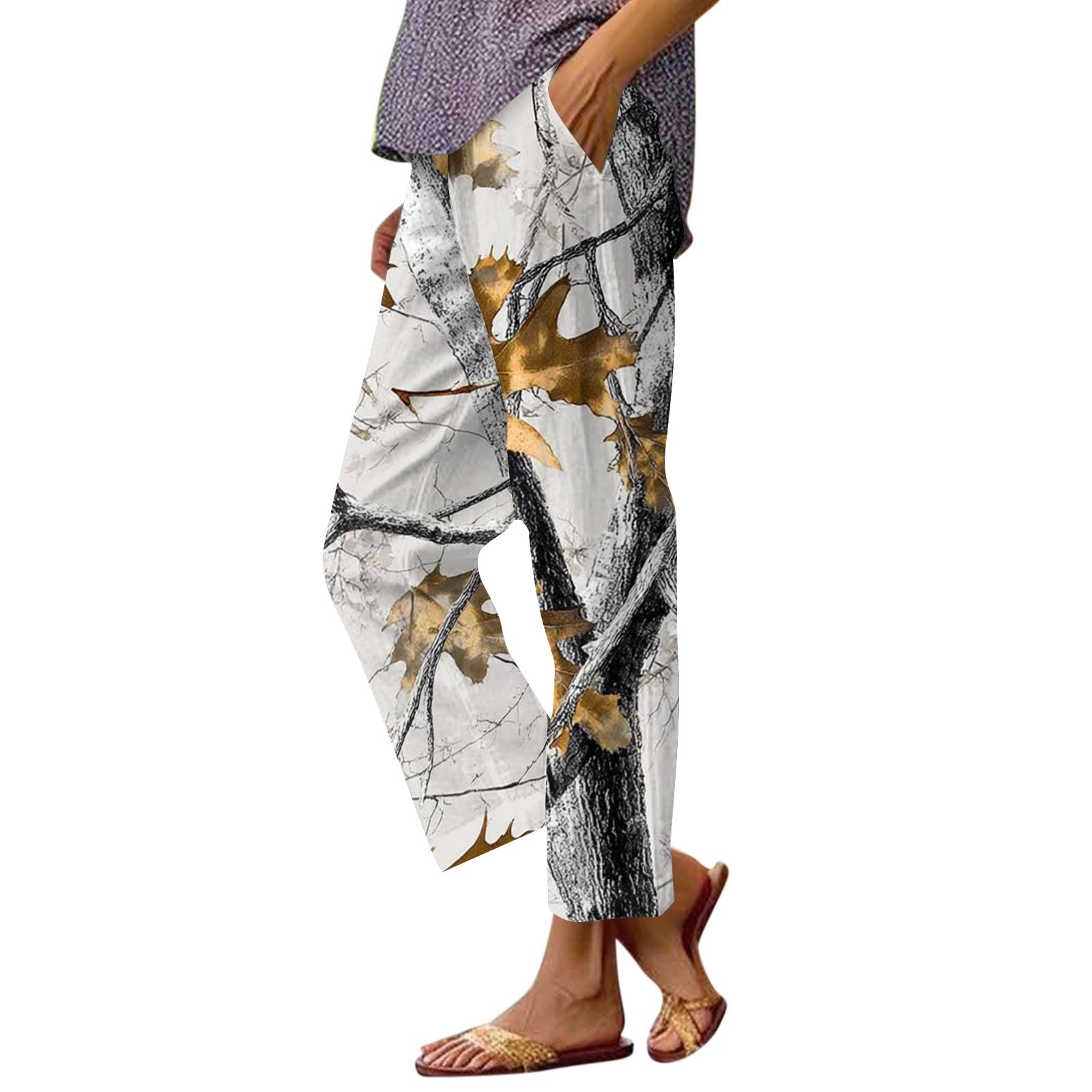 Women s fashion printed pocket elastic waist casual pants S