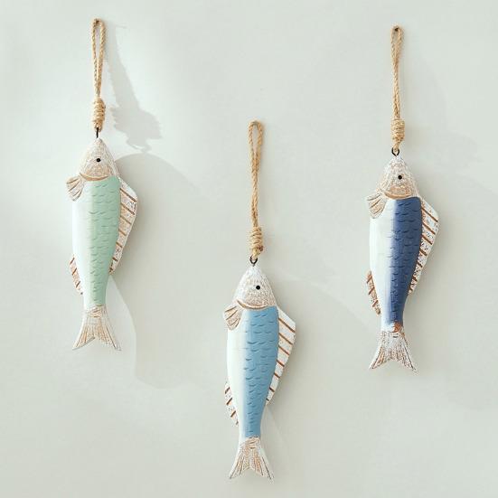 Mediterranean Vintage Wooden Fish Decoration Farmhouse Rustic Nautical Home Restaurant Wall Art Fish String Hanging Ornament Pendant