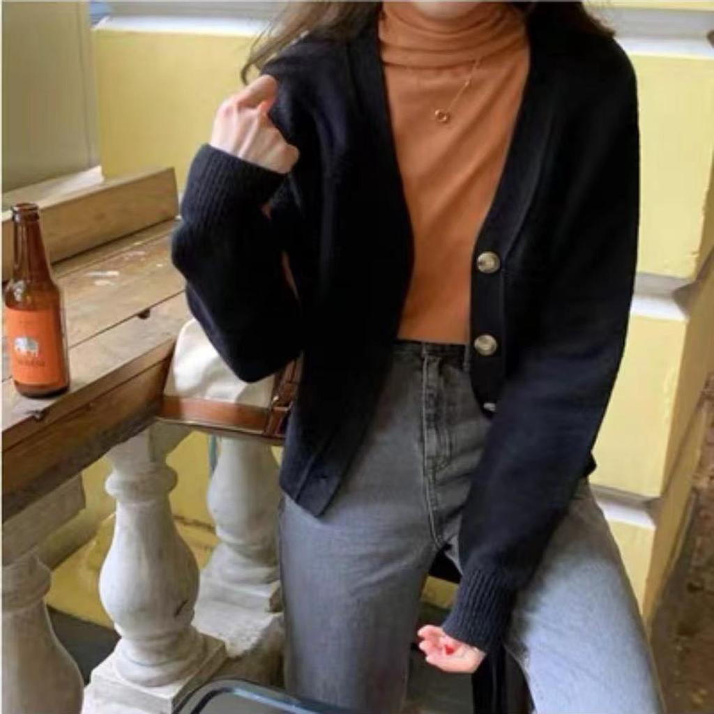 Pulover cardigan cu decolteu în V casual și versatil toamnă și iarnă casual cu gât în ​​V cu mânecă lungă pulover tricotat solid top feminin