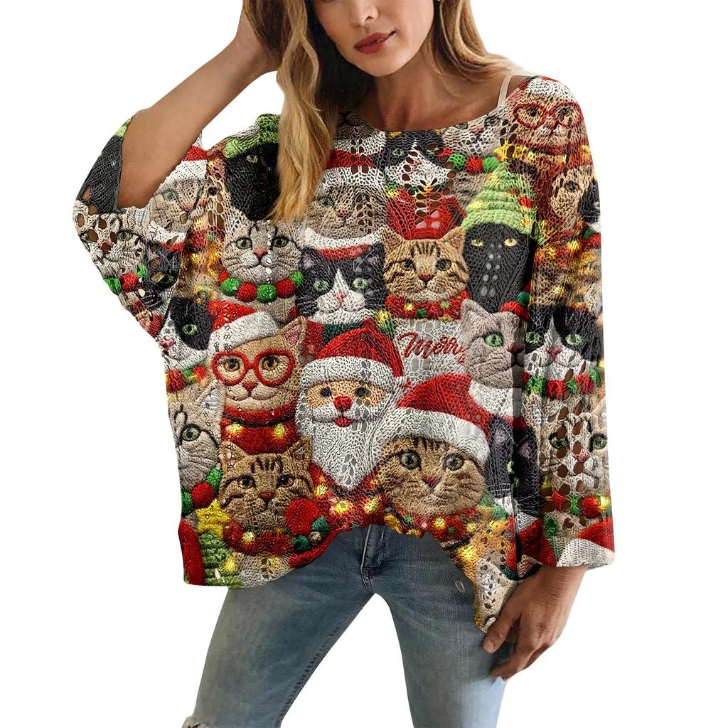 XY-LK01-Pullover hollow blouse 3D printed sweater spring and summer new