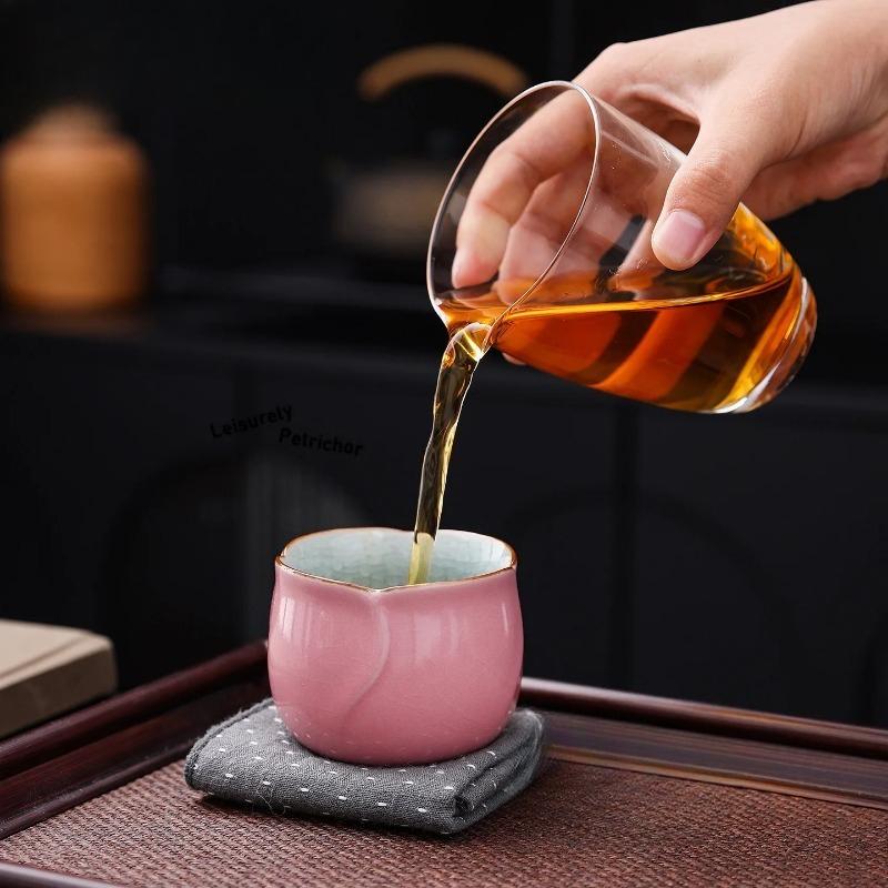 Pink Ru Kiln Ice Cracked Glaze Porcelain Teacup Antique Tea Bowl Tea Pair Tea-tasting Meditation Cup Chazhan Master Cups Teaware