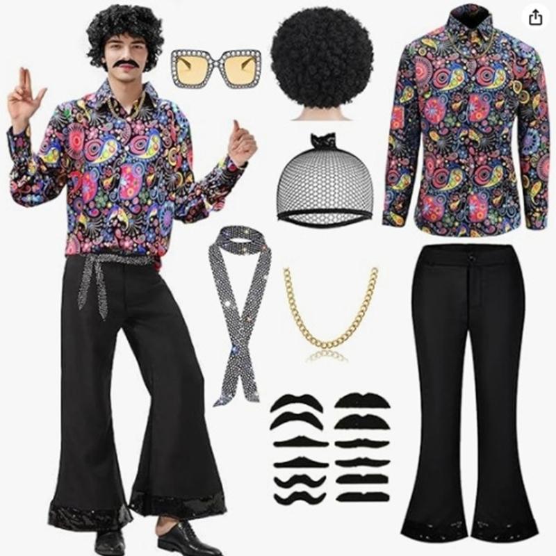 Mens 70s Disco Outfits Bells Bottom Pants Shirt Wigs Necklace Mustache Sunglasses 60s 70s 80s Disco Costume Accessories