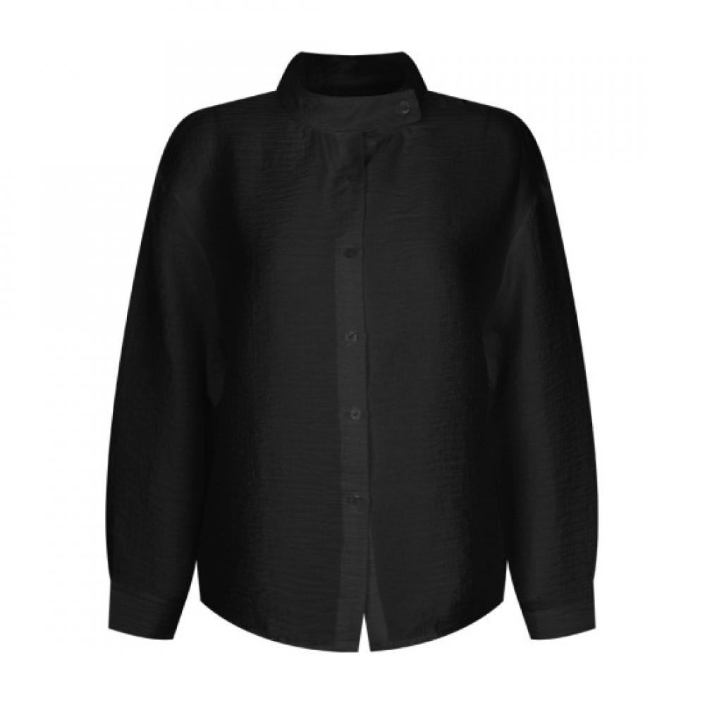 [Shop  ] Women S No Collar Daily Wrinkle finiSh Simple Long Sleeve blouSe Shirt Egg Wbl 21205 Black