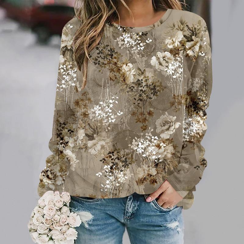 Women's casual and fashionable round neck long sleeved printed elegant and casual