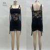 European and American style skirt solid color shrink pleated strap lace splicing micro transparent dress women