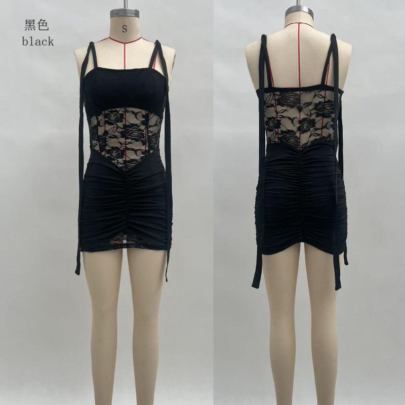 European and American style skirt solid color shrink pleated strap lace splicing micro transparent dress women