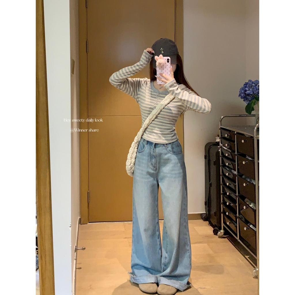 Button Front Shoulder Bottoming Shirt Women's Spring Stripes Contrasting Colors Slim Fit Sweet and Spicy Style Long-sleeved T-shirt with Top Tide