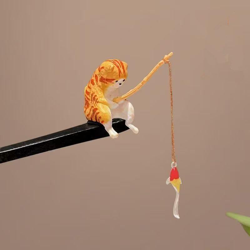 

Retro Cat Fishing Wooden Hair Stick Tassel Black Sandalwood Hanfu Hairpin Hair Sticks For Buns Chinese Style Hanfu Accessories