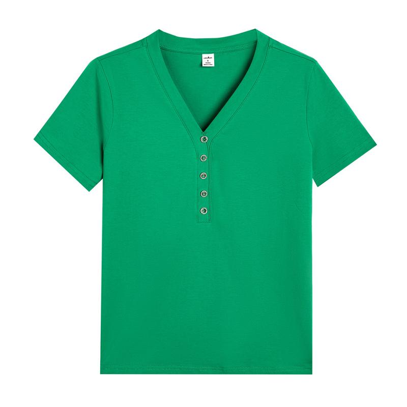 Summer Lady New Fashion Slim Solid Color Comfortable V-neck Tops Women Striped Button All-match Short Sleeve T-shirts