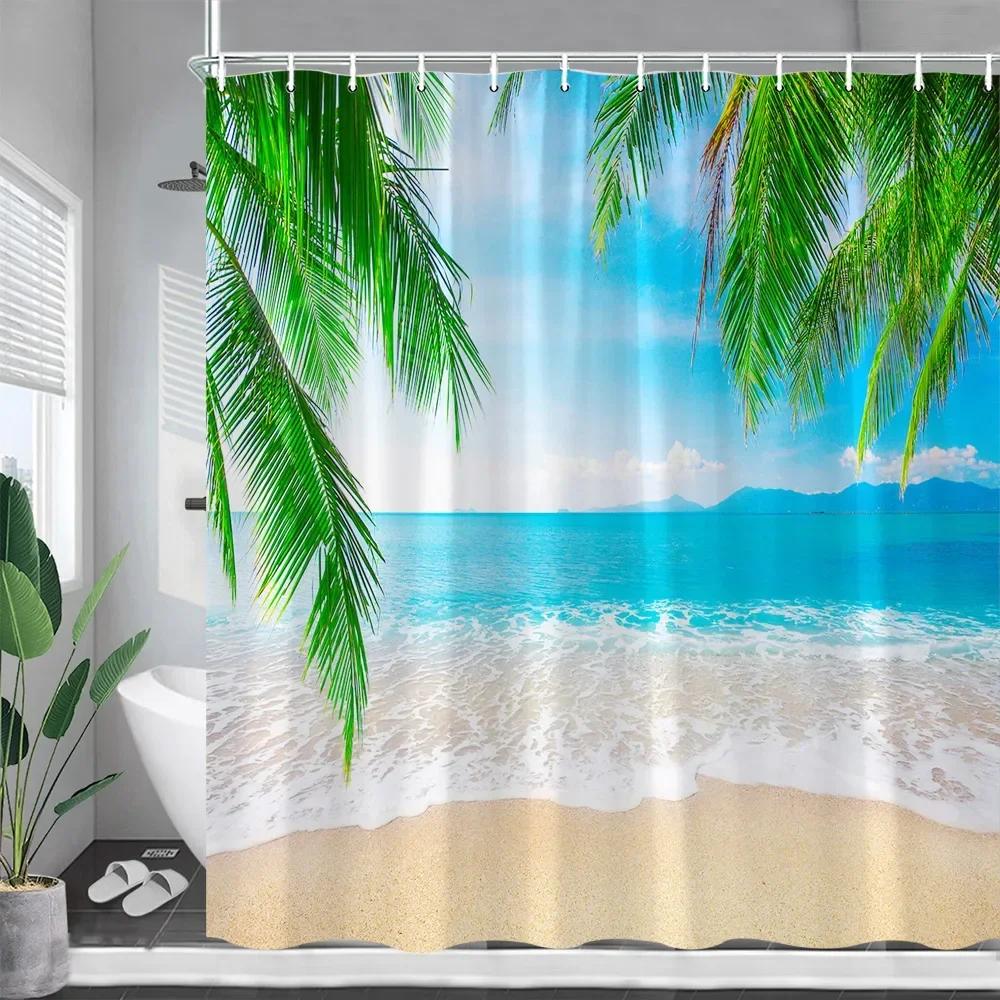 Ocean Landscape Shower Curtains Beach Coconut Tree Dolphin Sea Waves Summer Nature Scenery Bath Curtain Cloth Bathroom Decor Set
