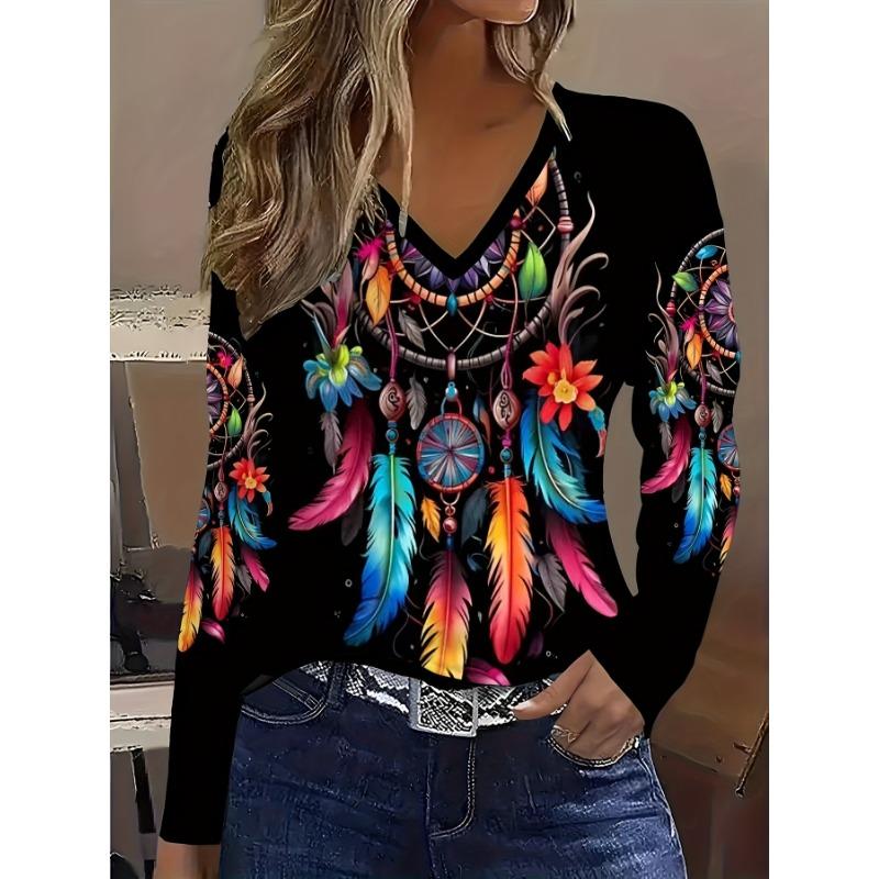 

Women s tribal pattern V-neck long-sleeved T-shirt, casual polyester knitted fabric, summer regular length top S