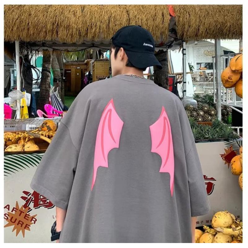 Devil Wings T-shirt Men's Short-sleeved Trendy Loose T-shirt Summer And Autumn New American High Street Tops Short-sleeved Men