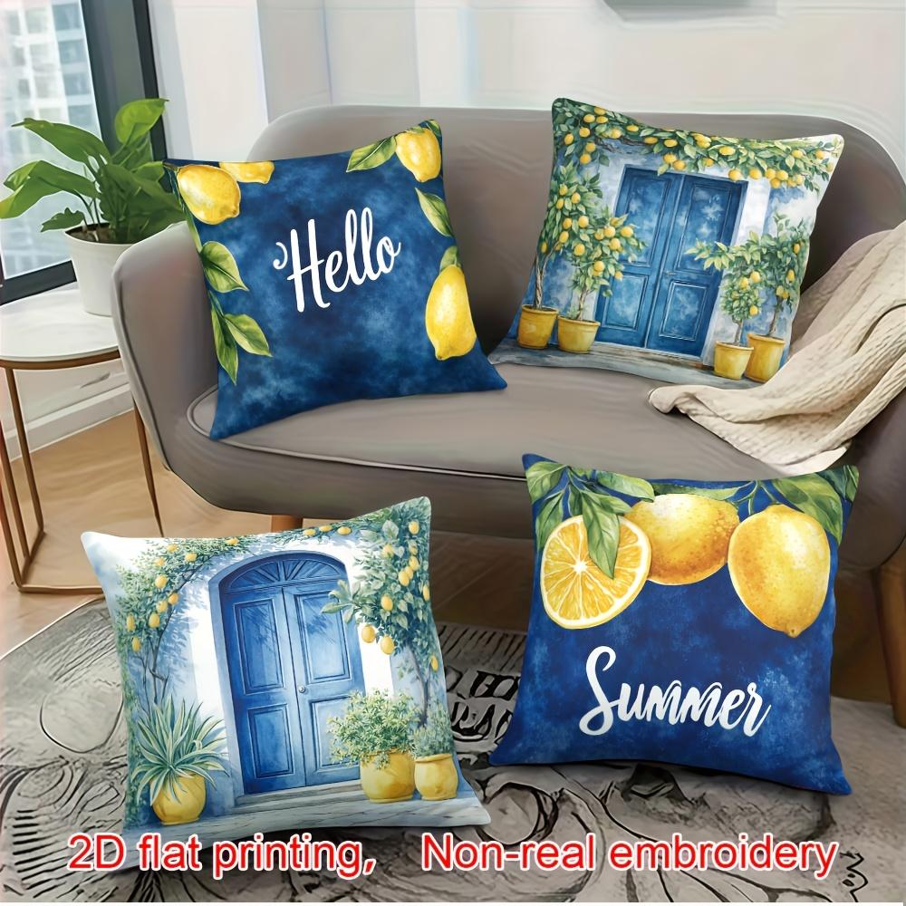 Hallo Sommer Zitronen Kissenbezüge, 2D Bedruckte Blaue Tür Blumenmuster Kissenhüllen, Nicht Gestickt Mediterrane Dekoration