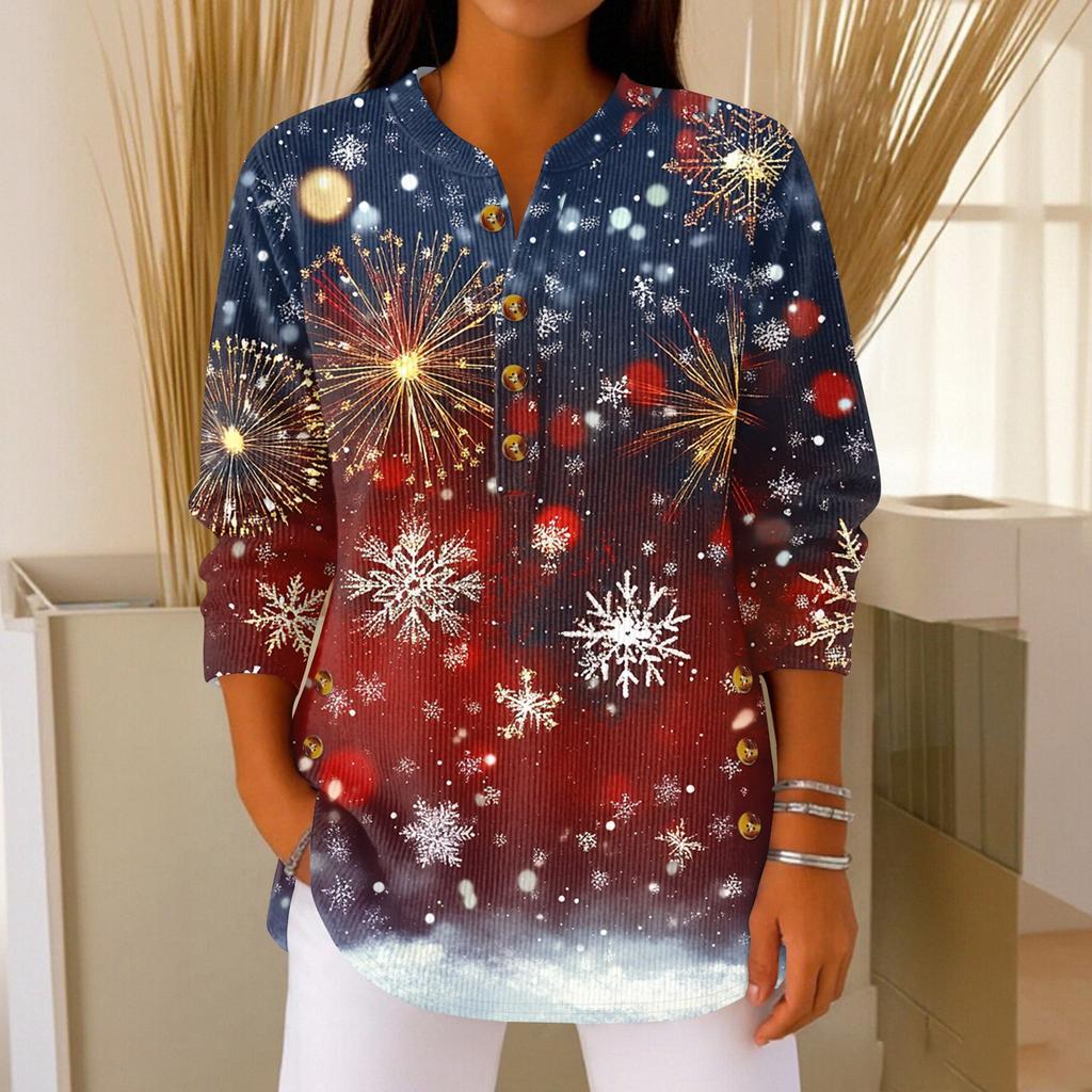 Women's Fashionable Button Collar Long-sleeved Christmas Print Pullover Top
