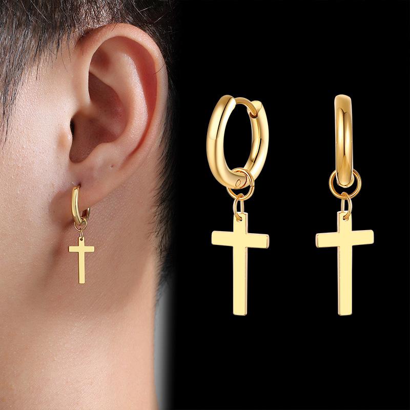 Vnox Simple Cross Dangle Earrings for Men Women Minimalist Stainless Steel Drop Small Hoop Metal Ear Jewelry Anti Allergy