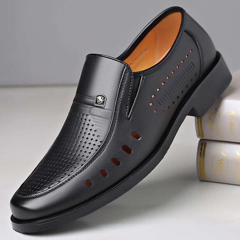 Men's Breathable Genuine Leather Hollow Sandals - Soft Sole, Non-Slip, Perfect for Summer and Business Wear