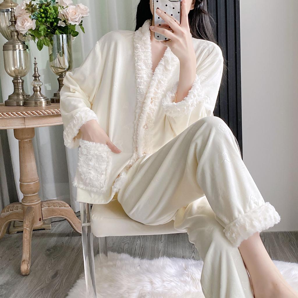 Autumn and winter new island velvet women's pajamas cardigan two-piece set long-sleeved trousers double-sided velvet loungewear thickened and warm
