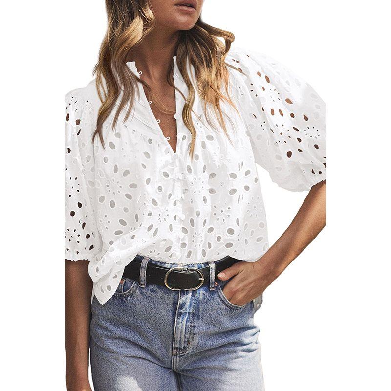 

Early Spring New Arrival Personality Hollow out French Shirt Women 2025 Fashion Fashion Commuter Puff Sleeves Half Sleeve Shirt Women White S code fits (45.00 kg-55.00 kg