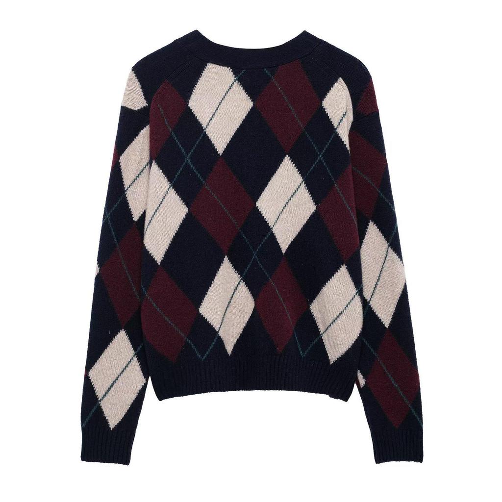 2025 Spring Women's Slim Color Block Diamond Knit Cardigan