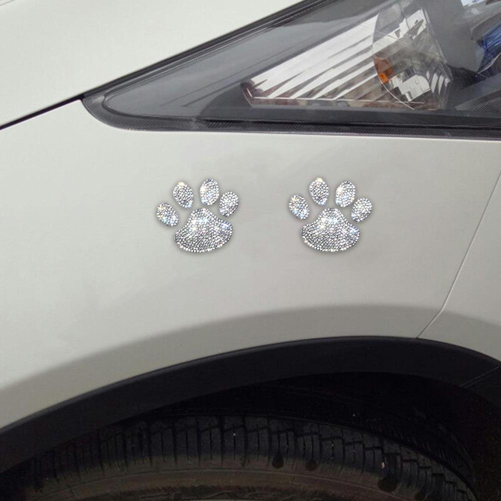Rhinestone Embellished Paw Print Car Sticker Set with Strong Adhesives Water Resistant Decorative Decals Pack of Two