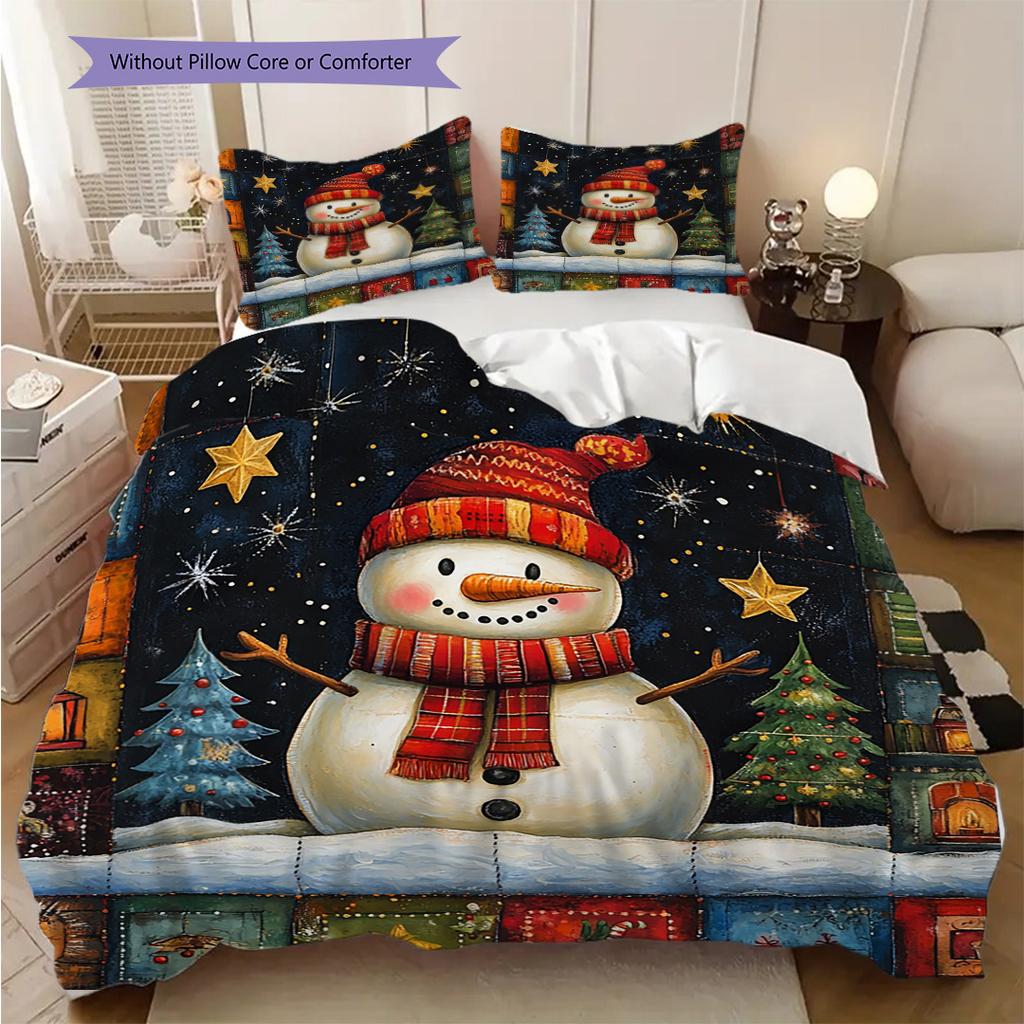 snowman Pattern Bedding Quilt Set Quilt Cover Pillowcase Home Decoration Birthday Gift (1 * duvet cover + 2 * pillowcase, without core)