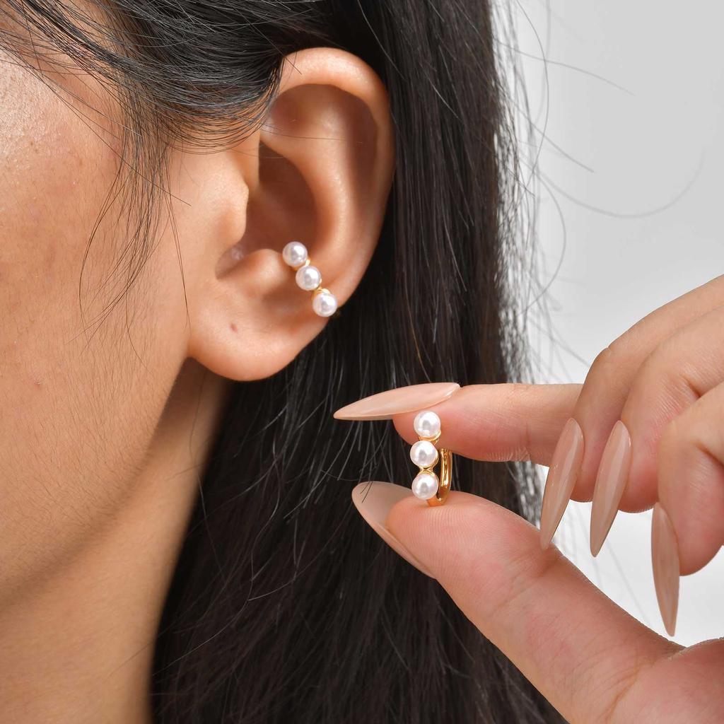 Exquisite Imitation Pearl Non Pierced Ear Bone Clip Earrings for Women, Stainless Steel Gold Plated Ear Cuff, Ear Cartilage Clip