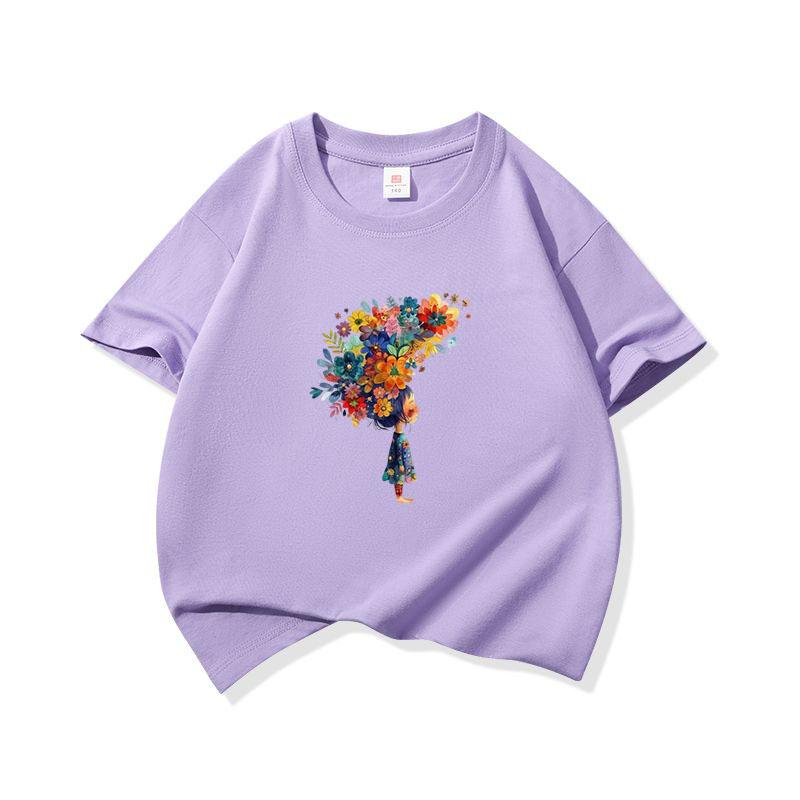 Kids Cotton T Shirt Multicolor Flower Girl Print Crew Neck Short Sleeve Tee Casual Breathable Boys Girls Summer Tops
