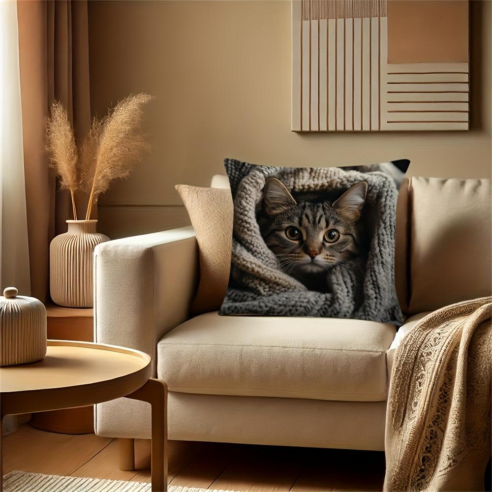 1Pc Tabby Cat Cute Pet Themed Printed Throw Pillow Cover, Suitable For Sofa, Bedroom, Living Room, A Healing Gift For Cat Lovers