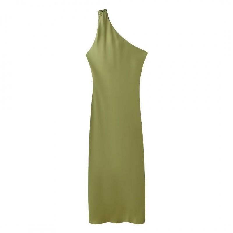 

European American Women s Clothing Summer Fashionable Silk Satin Beveled Shoulder Hollow Dress L зелений