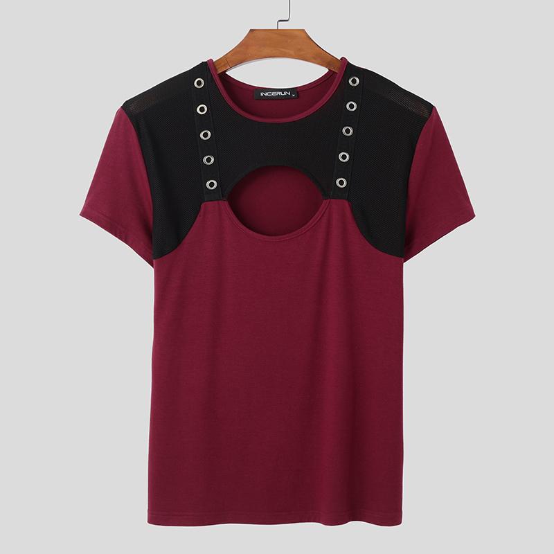 

INCERUN Летние мужские сетчатые прозрачные узкие футболки с коротким рукавом в стиле пэчворк 5XL вино красного