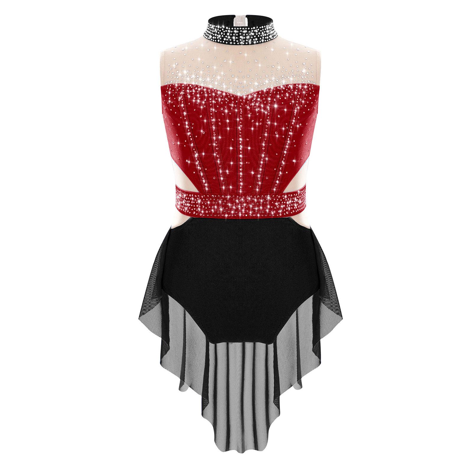 

Детский блестящий купальник со стразами, сетчатая юбка, накладка, цветной блок, дизайн для балетных выступлений чёрный/бордовый