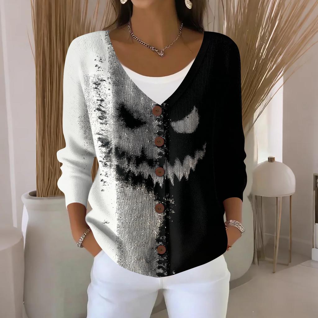 Women's Fashion Casual Knit Sweater Button-Up Halloween Printed  Cardigan Jacket