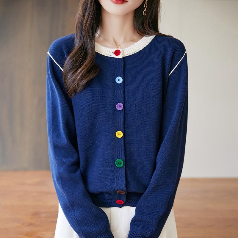 Round-neck Knitted Cardigan, Long-sleeved Women's Color-buttoned Design Sweater Jacket, New for Spring and Autumn