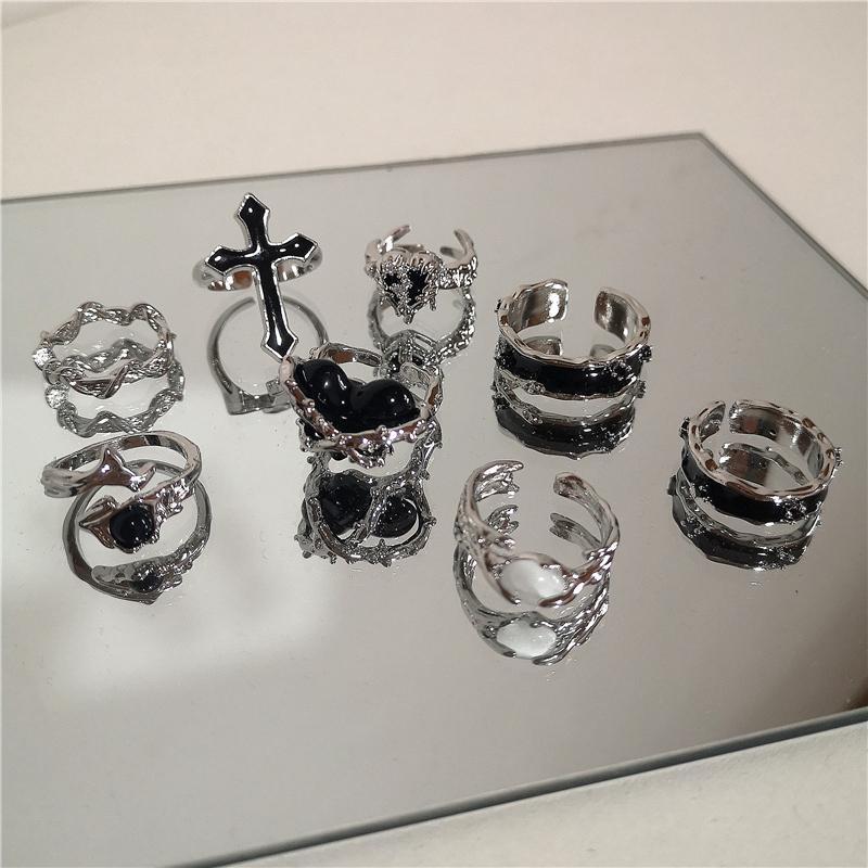 Punk Harajuku Goth Törnen Svart Silverfärg Oregelbunden Hjärta Kors Öppen Ring För Kvinnor Män Älskare Vintage 90-tal Y2K Grunge Smycken
