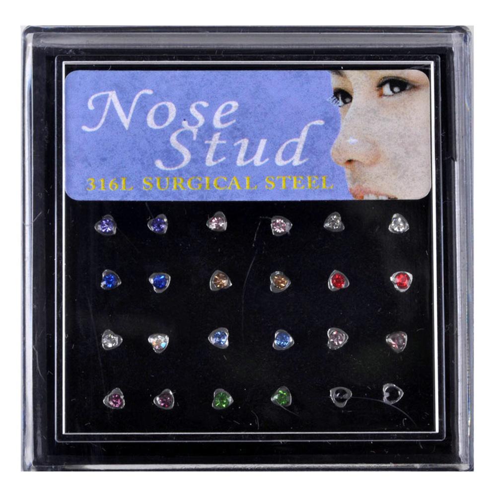 24-Piece Rhinestone Stainless Steel Heart Nose Studs - Titanium Steel Jewelry