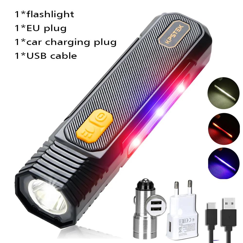 Outdoor LED High Gloss Flashlight Home Long-range Portable Type-C Charging Side Red Blue Warning Emergency Light Flashlight