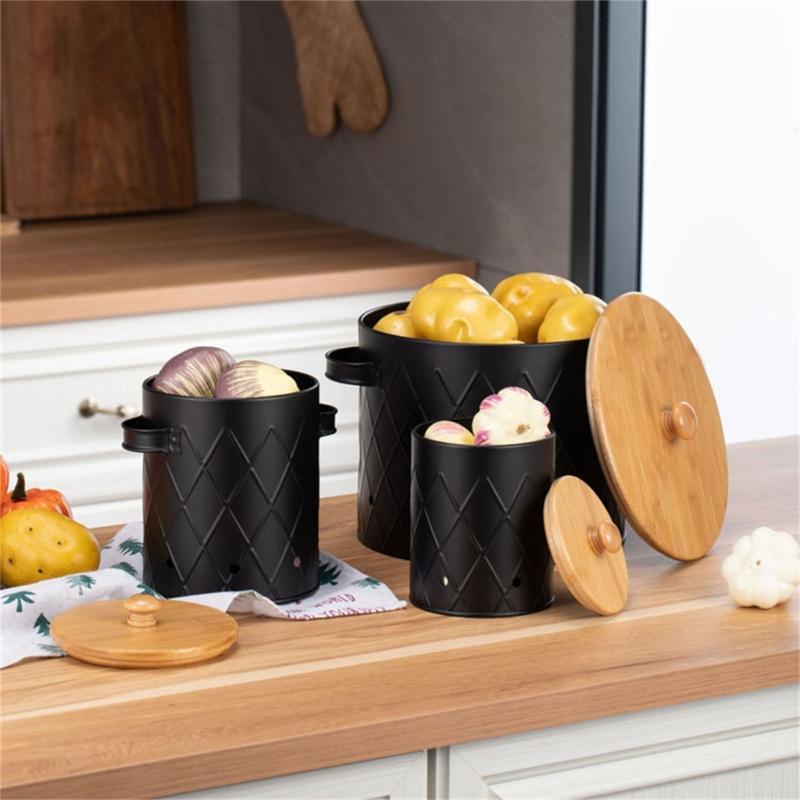 User Friendly Potato Onion Garlic Storage Bins with Bamboos Lids for Countertop Use In Restaurants and Homes