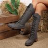 Lace-Up Front Tall Boots New Round Toe Cow Suede Side Zipper Soft Sole Anti-Slip Wear-Resistant Single Boots