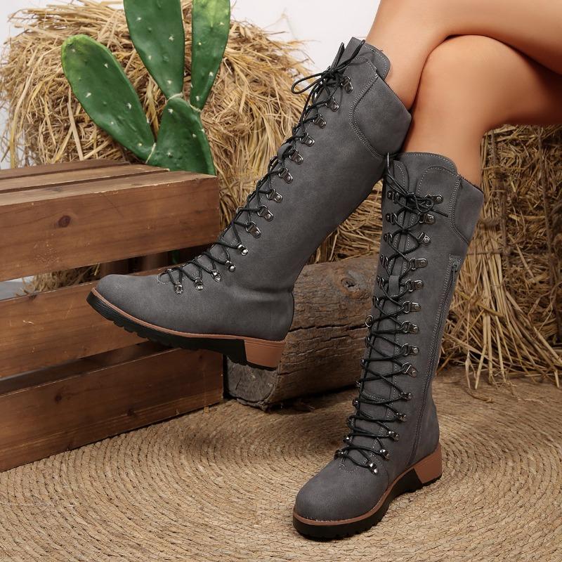 Lace-Up Front Tall Boots New Round Toe Cow Suede Side Zipper Soft Sole Anti-Slip Wear-Resistant Single Boots