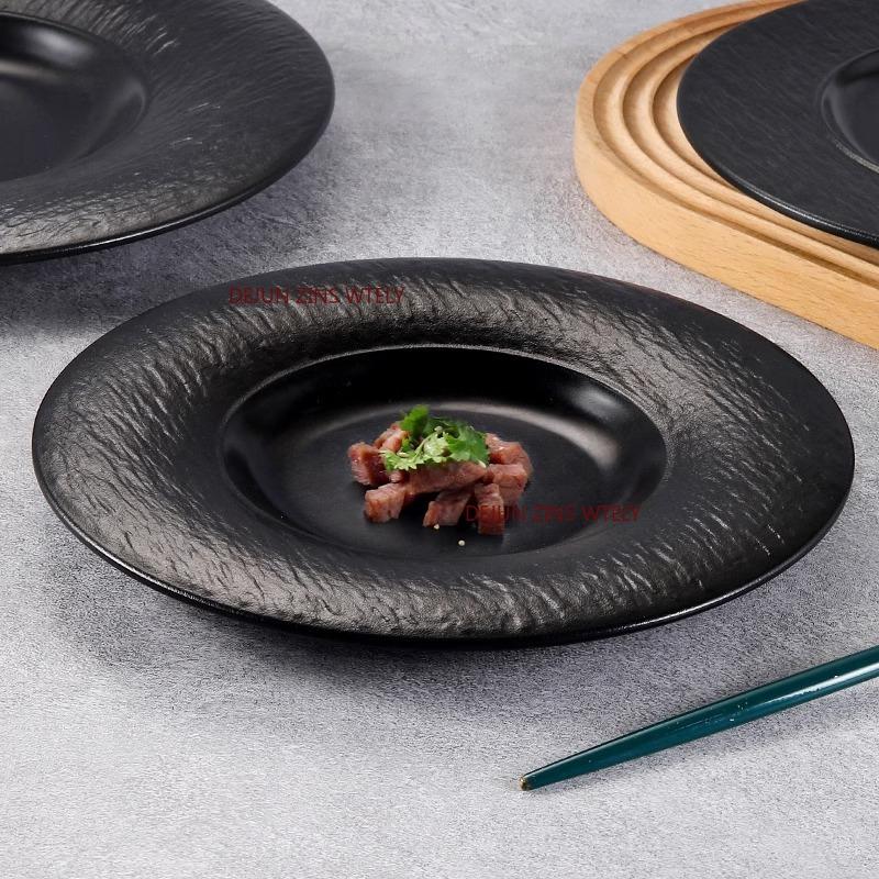 Black Textured Melamine Plates Food Grade Unbreakable Dinner Plates Heat Resistant Salad Dessert Plates Home Kitchen Tableware