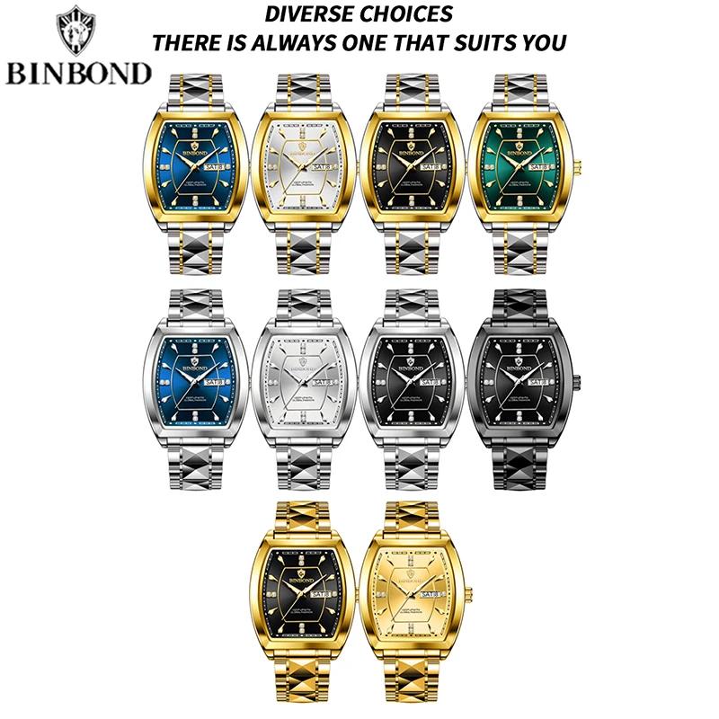 BINBOND Men's Watch Authentic Light Luxury Wine Barrel Steel Belt Waterproof Night Light Calendar Men's Student Quartz Watch