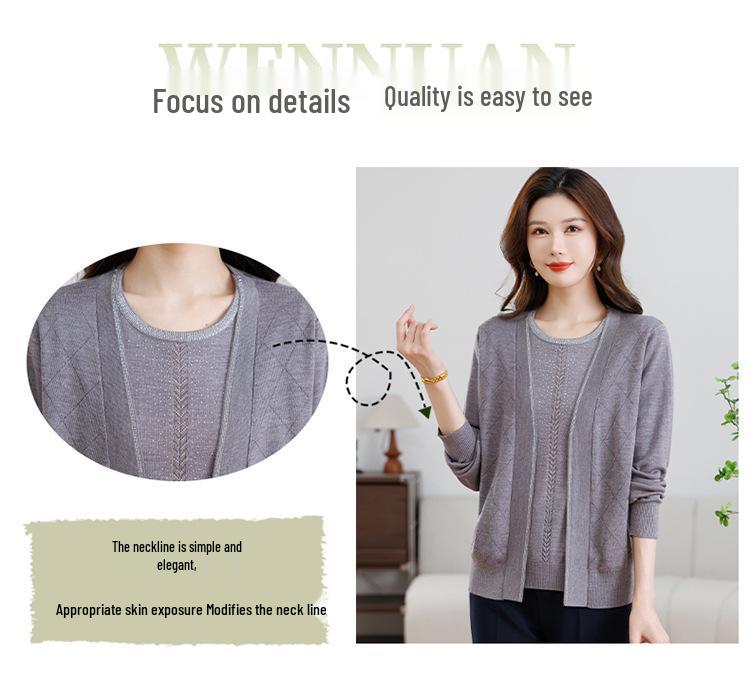 Noble Mother’s Knitted Two-Piece Set: Stylish Loose Sweater for Middle-Aged Women, Spring & Autumn Wear.
