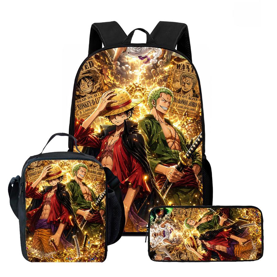 One Piece Anime Backpack 3Pcs Set Cartoon School Backpack Crossbody Bag Pencil Case Student Schoolbag Travel Backpack Gift