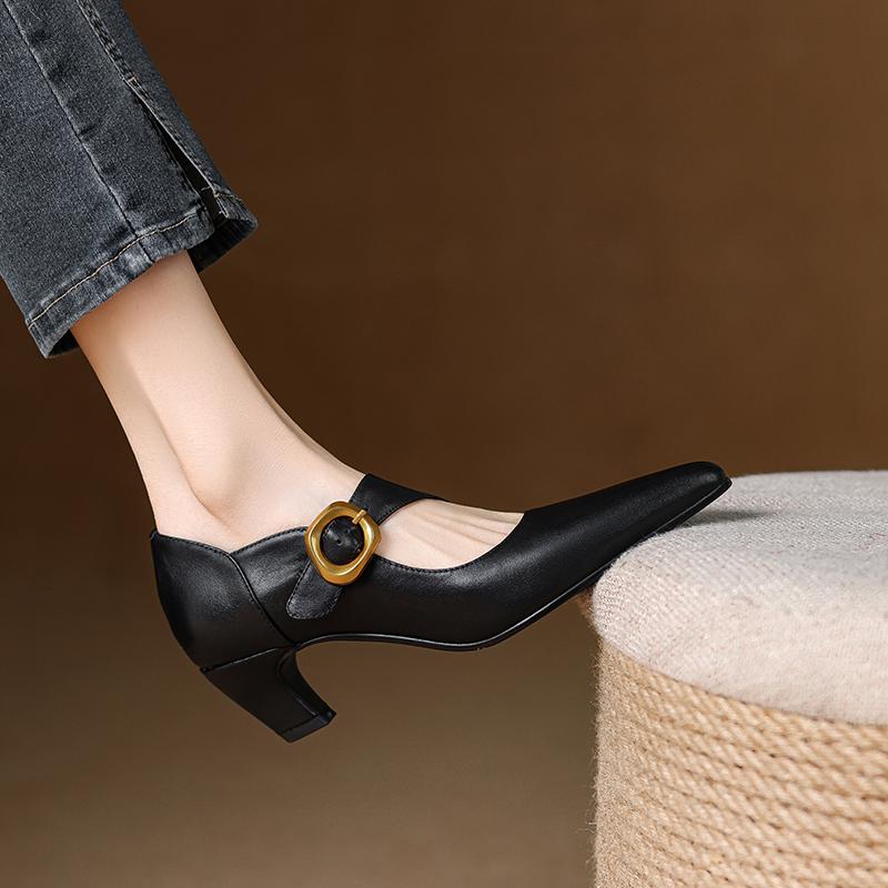 Fashion 2025 New Genuine Leather Women Pumps Shallow Mary Jeans Strap Single Shoes 5cm Square High Heels Black Prom Party Sapatos Mujer